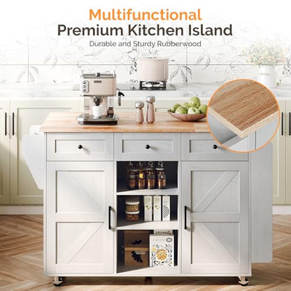 VINGLI 52" W Kitchen Island with Storage and Drop Leaf, Barn Door White | Farmhouse Rolling Cart with 3 Drawers, 2 Barn Doors, Adjustable Shelves, Side Rack and Locking Wheels - color: White
