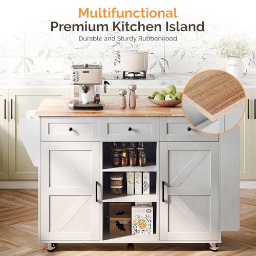 VINGLI 52" W Kitchen Island with Storage and Drop Leaf, Barn Door White | Farmhouse Rolling Cart with 3 Drawers, 2 Barn Doors, Adjustable Shelves, Side Rack and Locking Wheels - color: White