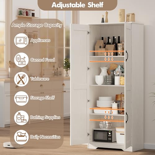 Garvee Kitchen Pantry Cabinet, Freestanding White Pantry Storage Cabinet, 60 in Cupboard, Tall Bathroom Storage Cabinet with 2 Doors and Adjustable Shelves, for Dining Room, Living Room, White | Kitchen Storage Cabinet with 2 Doors & Adjustable Shelves, W