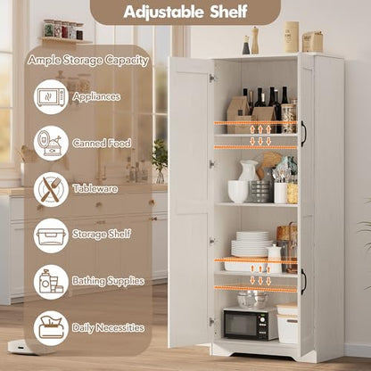 Garvee Kitchen Pantry Cabinet, Freestanding White Pantry Storage Cabinet, 60 in Cupboard, Tall Bathroom Storage Cabinet with 2 Doors and Adjustable Shelves, for Dining Room, Living Room, White | Kitchen Storage Cabinet with 2 Doors & Adjustable Shelves, W