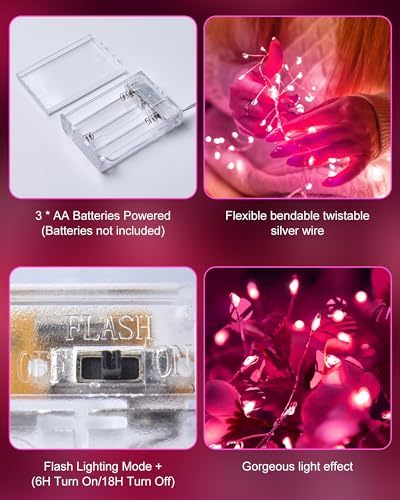 Minetom Fairy Lights Battery Operated, Twinkle String Lights Waterproof Silver Wire 5 Feet 60 Led Firecracker Starry Lights for DIY Wreath Home Wedding Party Bedroom Mason Jar Holiday Christmas, Pink - color: Pink
