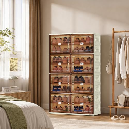 White Shoe Rack Organizer for 32 Pairs of Folding Design | Tool-free Assembly, Magnetic Clear Door, Anti-Tiping, Sneaker Storage, adjustable shelf, Folding Design, Garage, Entryway - size: 8Tier