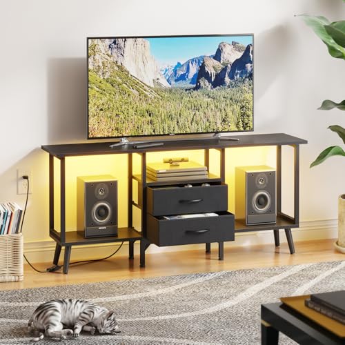 GYIIYUO Small TV Stand with Fabric Drawers/LED Light for 55 inch TV,Black | Entertainment Center with Storage Open Shelves，Media Console Table for living room, bedroom