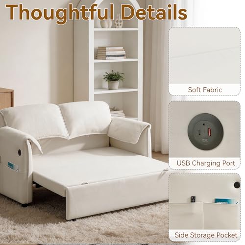 63" 3-in-1 Velvet Convertible Sleeper Sofa Bed, Modern Adjustable Backrest Loveseat Pull Out Couch with USB & Side Pocket, Small Space Love Seat Sofa Bed for Living Room, Bedroom, Beige Velvet - color: Beige