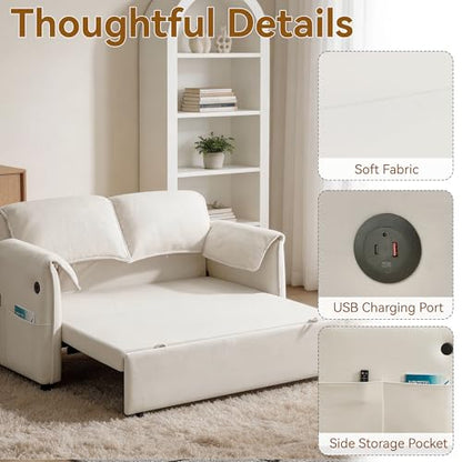 63" 3-in-1 Velvet Convertible Sleeper Sofa Bed, Modern Adjustable Backrest Loveseat Pull Out Couch with USB & Side Pocket, Small Space Love Seat Sofa Bed for Living Room, Bedroom, Beige Velvet - color: Beige