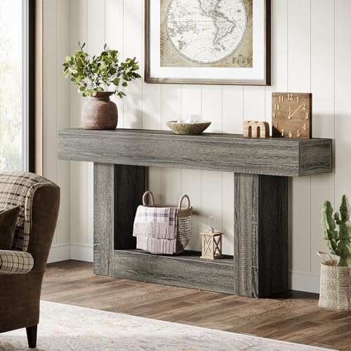 Tribesigns 63" Console Table, Farmhouse 2-Tier Entryway Table with U-Shaped Base, Narrow Long Wood Sofa Table Behind Couch Table for Living Room, Hallway, Foyer, Gray - color: Light Gray
