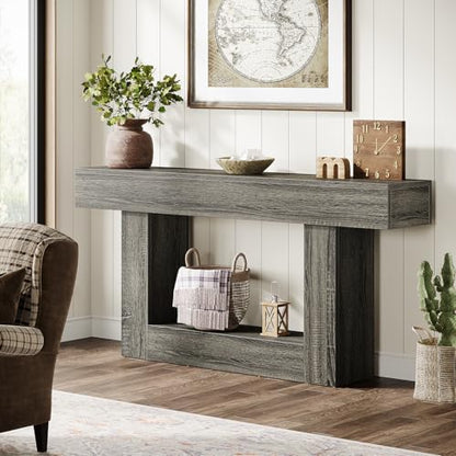 Tribesigns 63" Console Table, Farmhouse 2-Tier Entryway Table with U-Shaped Base, Narrow Long Wood Sofa Table Behind Couch Table for Living Room, Hallway, Foyer, Gray - color: Light Gray