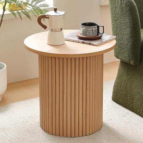 19 Inch Round Sofa Side Table, Round End Table for Small Spaces, Round Coffee Table with Oak Wood Veneer Tabletop, Engineered Wood Strip Base for Living Room, Bedroom - color: Oak, size: 19" ONE Table