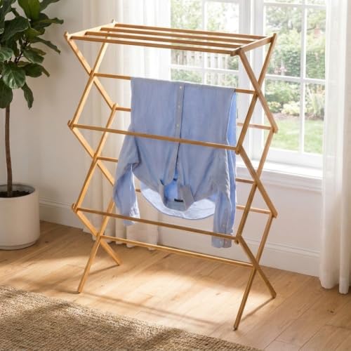 Household Essentials Bamboo Folding Clothes Drying Rack, Upscale Laundry Rack with 11 Dowels, Environmentally Friendly, Stable Frame, Shelf for Drying Flat - color: Natural Bamboo