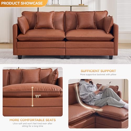 76'' Cloud Deep Seat Loveseat, Upholstered Leather Modular 2-Seats Sectional Sofa Couch, Modern Comfy Settee Loveseat for Living Room Set, Small Apartment, Leather Brown - color: Pu-dark Brown, size: 76'' Loveseat