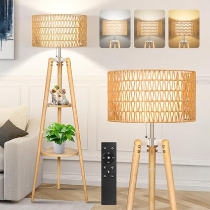 OUTON Boho Rattan Tripod Floor Lamp with Shelves, Dimmable Mid Century Modern Standing Lamp with Remote Control,Wood Tall Floor Lamps for Living Room Bedroom Office Farmhouse Bulb Included - color: Wood