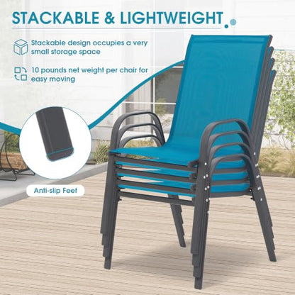 24.4" Wide Outdoor Patio Stackable Chairs Set of 4, Blue | Stacking Patio Chairs with Textilene Fabric, Outside Furniture for Garden Backyard Balconie Poolside Deck - color: 4 Blue Chairs