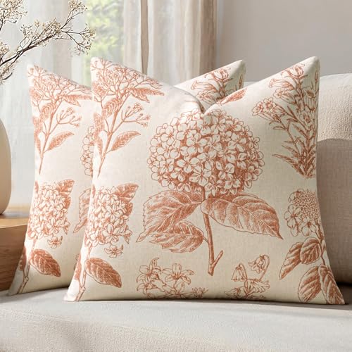 Set of 2 Decorative Floral Pillow Covers 18x18 Inch Autumn Orange | Neutral Hydrangea Print, Boho Vintage Throw Cushion Covers, Cottagecore Home Decor, for Sofa Couch Porch Bedroom Living Room - color: Autumn Orange, size: 18" x 18" (Pack of 2)