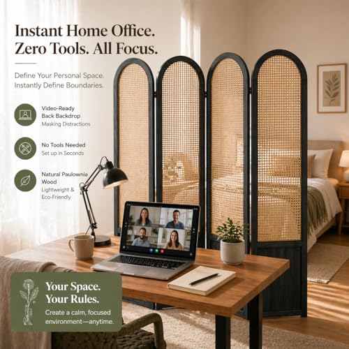 Rattan Room Divider, 4 Panel Folding Room Screen Divider, Black | Woven Privacy Screen, Foldable Room Partition, Freestanding Room Screen Divider for Bedroom, Apartment, Office, No Assembly - color: 4 Panel Black, size: 4 Panel