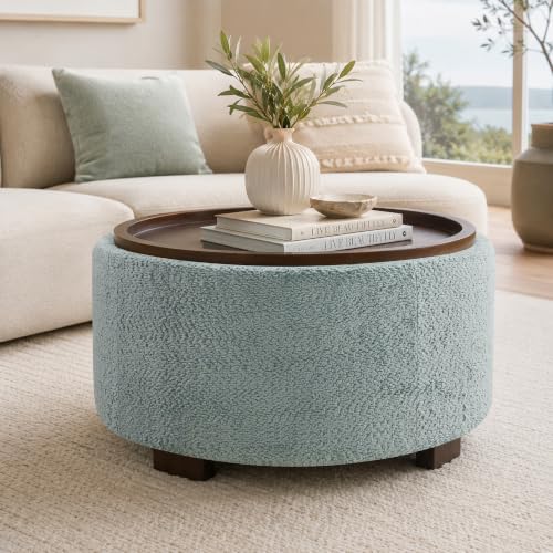 Zihanhome 30" Round Chenille Storage Ottoman Coffee Table with Removable Tray Top, Large Hidden Storage Ottoman, Solid Wood Legs for Living Room, Bedroom, Apartment (Teal) - color: Teal