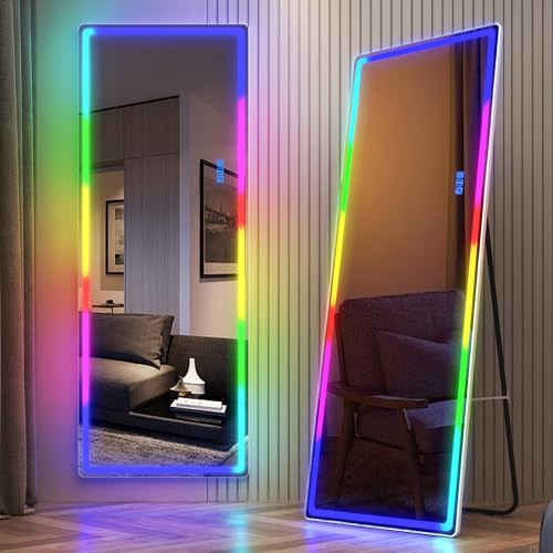 RGB Full Length Mirror with Lights, 63"X22" Full Body Mirror, White | Standing Mirror Full Length, 7 LED Dynamic Modes, Remote&Touch Control, Tempered Glass, Floor Mirror for Bedroom Cloakroom - color: White, size: 63"L x 22"W