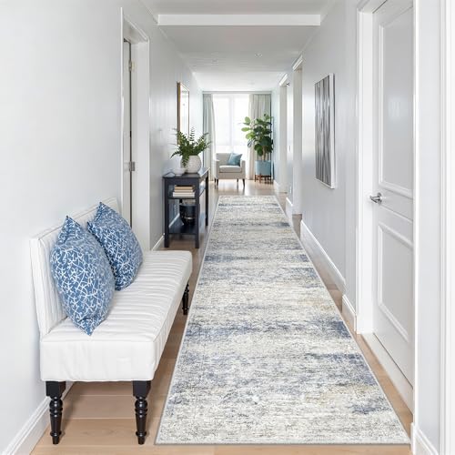 2x12 Runner Rug Non Slip,Washable Hallway Runner Rug,Blue | Long Neutral Rugs for Kitchen,Entryway,Bedroom,Bathroom,Laundry Room,Thin,Soft Runner Rug,Stain Resistant Indoor Carpet - color: Blue/Brown/Ivory, size: 2' x 12' (Runner)