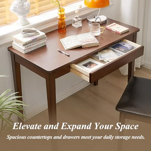 Solid Wood Computer Desk with Drawers, Modern Writing Desk for Home Office, Mid Century Modern Desk, Oak Study Table, 35.4x19.9x29.5 inches (Single Drawer), Walnut