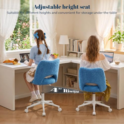 DurayLoly Vanity Chair with Wheels,Soft Teddy Fabric 6" Thick Cushion, Height Adjustable 17.5"–21.5", Open Back, 360° Swivel for Vanity Table, Home Office Dark Blue - color: Dark Blue