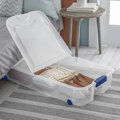 Storage Box, 66 Quart, Clear Underbed Bin with Lid and Wheels, Blue