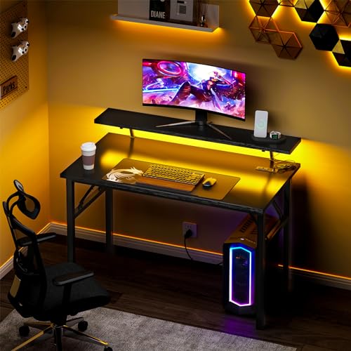 DlandHome 39" Computer Desk with Power Outlets & LED Lights, Black, Bedroom | Folding Desk with Monitor Stand, Writing Study Table Gaming Desk, Metal Frame, Fully Assembled, Home Office Small Spaces - color: Black + Black, size: 39 Inches + Outlets