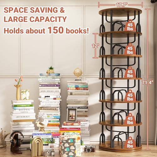 Aheaplus 6 Tier Rotating Bookshelf Tower, Revolving Bookcase, Rustic Brown | 360° Round Spinning Book Shelf, Narrow Swivel Bookshelves Vertical Turning Corner Bookshelf Organizer for Small Space - color: Rustic Brown, size: 6 Tier, 71" H