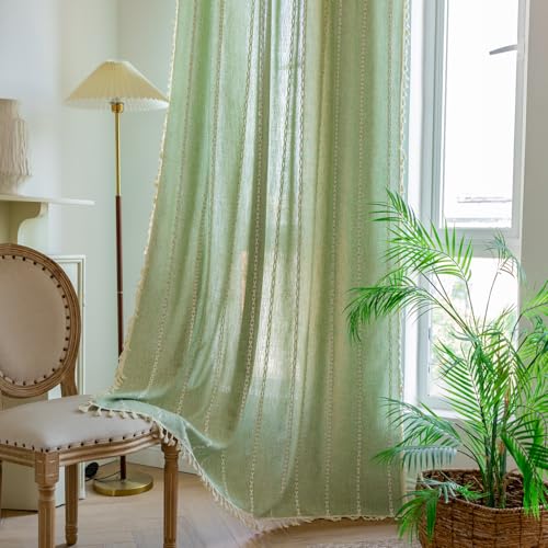 Deeprove Sage Green Boho Curtains 90 inches Length for Living Room Bedroom Nursery, Vintage Chic Bohemian 90 inches Long Embroidery Farmhouse Tassel Privacy Window Treatments W52 x L90, 1 Panel - color: Sage Green, size: 52"W x 90"L (Pack of 1)