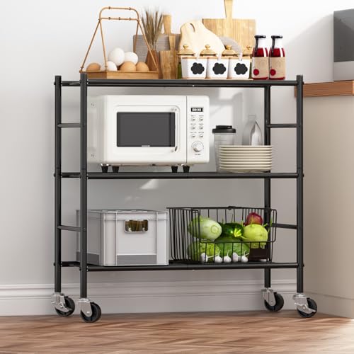 Sakugi 3-Tier Storage Shelves 33.1" x12.6" x32.5" Black with Wheels | Kitchen, Closet, Pantry, Garage, Heavy Duty, Adjustable Feet, Metal Construction - color: Black, size: 33.1W x 12.6D x 32.5H(3T)