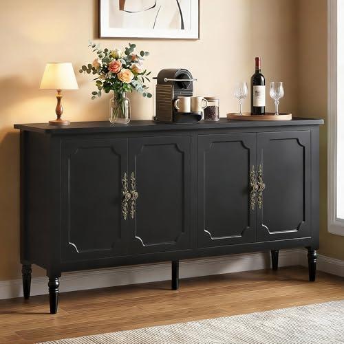 RoyalCraft Buffet Cabinet with Storage, 59" Vintage Sideboard with Adjustable Shelves, Mid Century Modern Painted Credenza Coffee Bar for Kitchen, Dining Room, Entryway, Living Room, Satin Black - color: Satin Black, size: 1 Piece