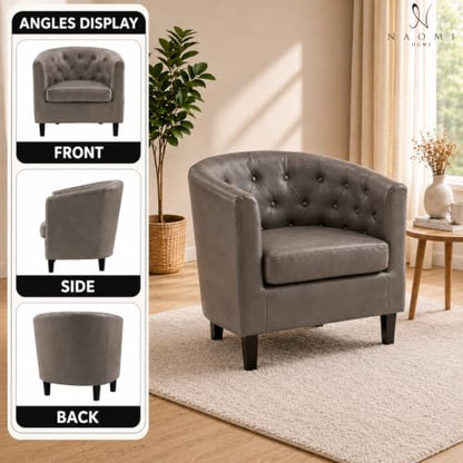 Naomi Home Emma Faux Leather Tufted Barrel Accent Chair - Gray | Solid wood frame, sturdy legs and easy-clean faux leather create lasting comfort for living room, bedroom or office. - color: Grey, style: Barrel