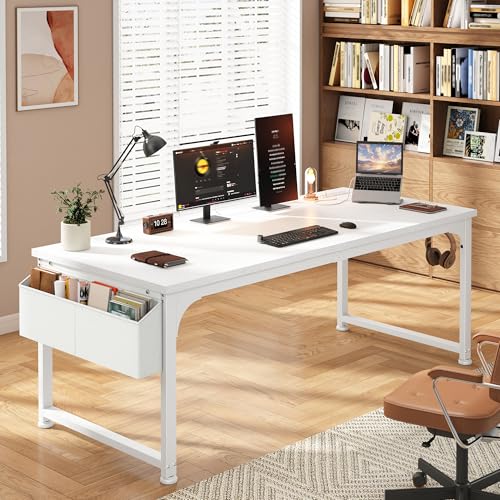 DurayLoly 55 x 24 inch Desk, 24mm Thick Heavy Duty Computer Desk with RGB LED & Power Outlets, Gaming Desk with Detachable Stand, Hooks & Storage Bag, 150LBS Load Capacity, White - color: White, size: 55 Inch