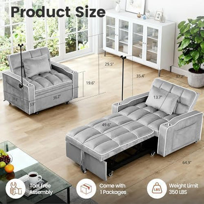 Sleeper Chair with USB Port, 3 In1 Pull Out Sofa Bed, Gray | Adjustable Backrest,Soft Cushioning,Handy Side Pocket,Cup Holders,Phone Holder - color: D-light Gray-kg
