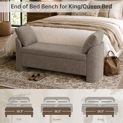 Usaint 58.3" Upholstered Storage Ottoman Bench with 2 Throw Pillows, Brown | End of Bed Bench with Curved Arms and Thickened Seat Cushion for Bedroom, Livingroom, Window, Entryway and Dressing Areas - color: Brown