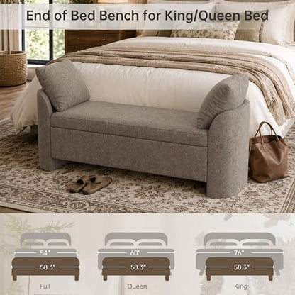 Usaint 58.3" Upholstered Storage Ottoman Bench with 2 Throw Pillows, Brown | End of Bed Bench with Curved Arms and Thickened Seat Cushion for Bedroom, Livingroom, Window, Entryway and Dressing Areas - color: Brown