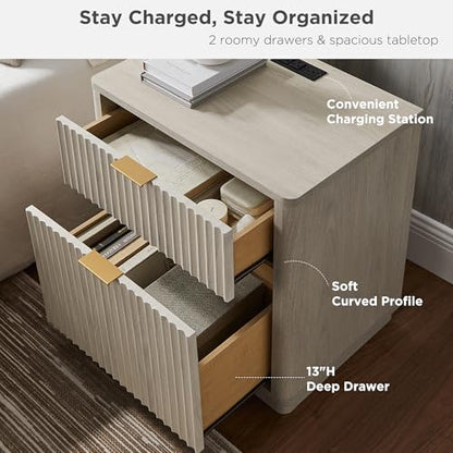 T4TREAM 23'' Fluted Nightstand with Charging Station, Modern, White Alder | Large 2 Drawer, Curved Profile, Mid-Century, Bedside Table with Storage, End Table for Living Room, Bedroom, Side Table - color: White Alder