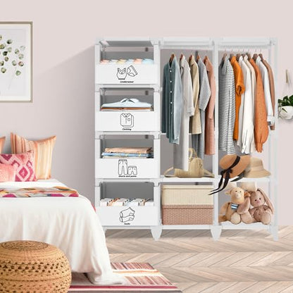 Portable Closet, Easy Assembly, Large Capacity Wardrobe Closet | Sturdy and Stable Clothes Rack with Shelves 4 Storage Baskets and 2 Hanging Rods, for Bedroom and Cloakroom 50 In White - color: White