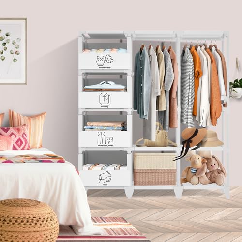 Portable Closet, Easy Assembly, Large Capacity Wardrobe Closet | Sturdy and Stable Clothes Rack with Shelves 4 Storage Baskets and 2 Hanging Rods, for Bedroom and Cloakroom 50 In White - color: White