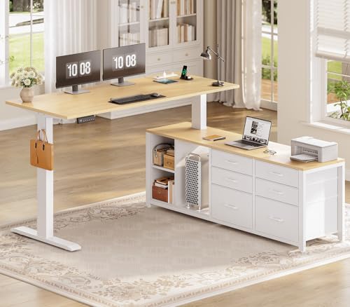 SEDETA L Shaped Electric Standing Desk, 55" x 55" Height Adjustable Office Executive Desk with 6 Fabric Drawers and Storage Shelves, Sit Stand Computer Desk with Power Outlet - color: Oak
