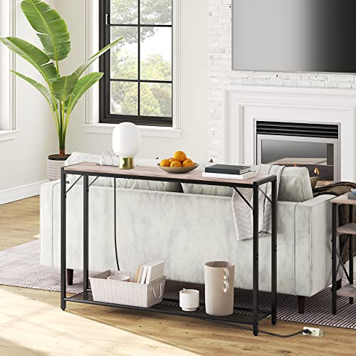 MAHANCRIS 43.7" Console Table with Outlet, Narrow Sofa Table with Shelf | 2 Tier Behind Couch Table, Charging Station, Steel Frame, for Entryway, Living Room, Foyer, Hallway, Greige CTHG11E01N1 - color: Greige, Black