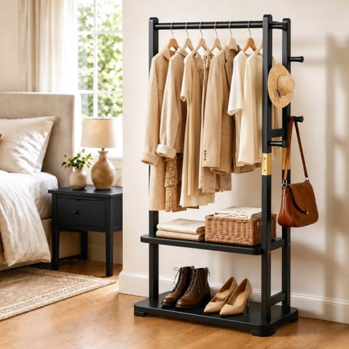 Solid Wood Clothes Rack with 2 Shelves & 4 Hooks for Hanging Clothes Garment Wallets Hats, Black Clothing Rack Heavy Duty Coat Rack Freestanding with Storage Hall Tree for Hallway Bedroom Living Room | Hallway bedroom living room, durable wood constructio