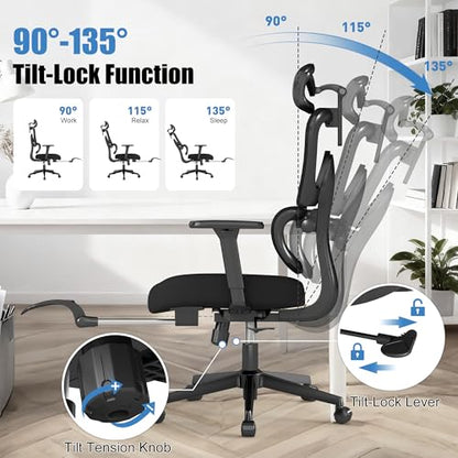 Ergonomic Office Chair with Footrest – Adjustable Lumbar Support, 3D Armrests & Headrest, Wide-Seat High-Back Mesh Computer Chair with Casters, Suitable for Home & Office, Black - style: with Footrest