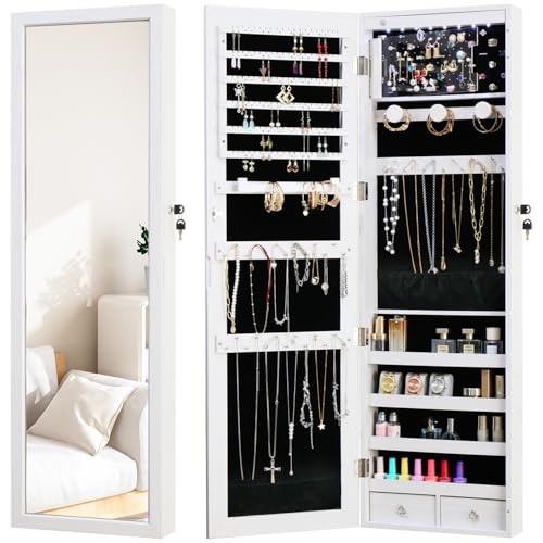 Jewelry Armoire Door Wall Mounted Mirror with Storage And Drawers | 47.3"LED Jewelry Cabinet with Mirror with Storage And Drawers White - color: Off White, size: 47.3*14.6 LED Mirror