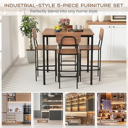 Giantex 5-Piece Dining Table Set W/Counter Height Table & 4 Bar Stools, Industrial Kitchen Dining Table Set W/Footrest & Backrest, Space-Saving Dinette Set for Pub, Dining Room, Restaurant (Teak) - color: Teak