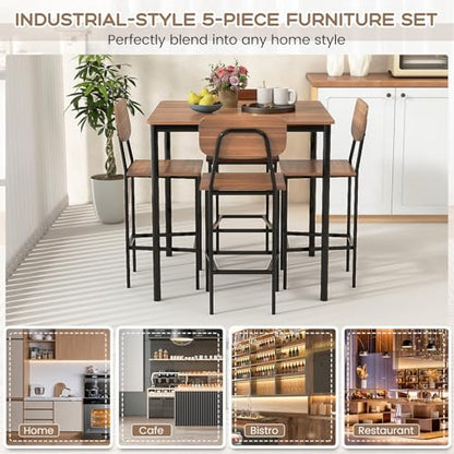Giantex 5-Piece Dining Table Set W/Counter Height Table & 4 Bar Stools, Industrial Kitchen Dining Table Set W/Footrest & Backrest, Space-Saving Dinette Set for Pub, Dining Room, Restaurant (Teak) - color: Teak