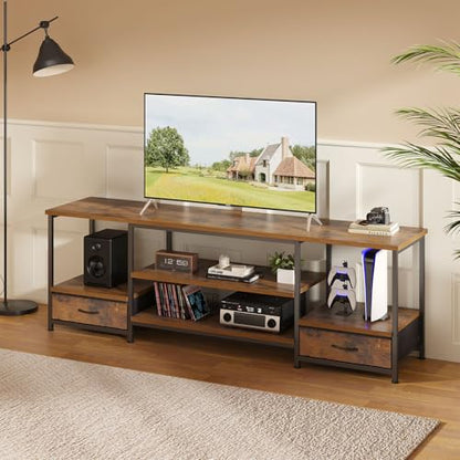 DUMOS 63" TV Stand with Fabric Drawers for 65 70 75 Inches TV | Entertainment Center and Industrial TV Console Table with Open Storage Shelves for Living Room, Bedroom, Rustic Brown - size: 63.0 Inch