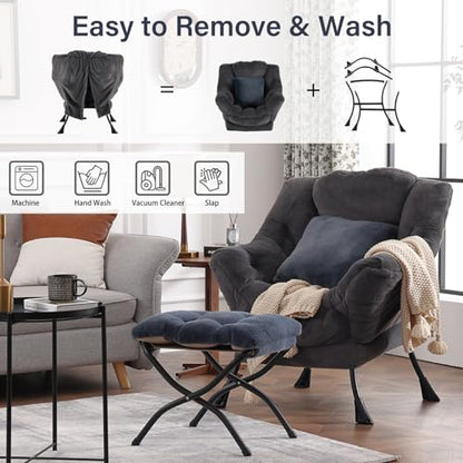 Lazy Chair with Ottoman, Plush Reading Chair with Pillow， Gray | Removable machine-washable cover; includes an extra throw pillow; cozy accent chair for living room, bedroom, dorm or office - color: Plush Blue-gray-1