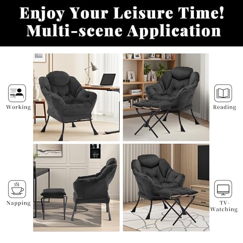 Lazy Chair with Ottoman, Comfy Reading Chair, Black | Cushioned Seat with Foldable Ottoman and Side Pocket, Lounge Chair for Bedroom, Living Room, Dorm and Small Spaces - color: Black