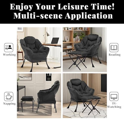 Lazy Chair with Ottoman, Comfy Reading Chair, Black | Cushioned Seat with Foldable Ottoman and Side Pocket, Lounge Chair for Bedroom, Living Room, Dorm and Small Spaces - color: Black