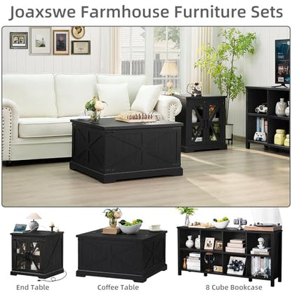 Joaxswe Farmhouse Coffee Table with Large Hidden Storage Compartment, Rustic Black Square Center Table, Wood Low Farm House Modern Living Room Tables with Hinged Lift Top & Wooden Arc Base - color: Black, style: With Base