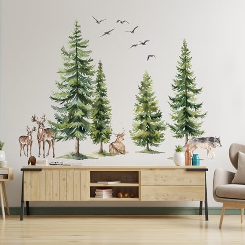 Green Pine Tree Wall Sticker Woodland Animals Wall Decal Peel and Stick Forest Wall Art Mural Deer Wolf Bird Wall Stickers for Bedroom Decor - color: Green